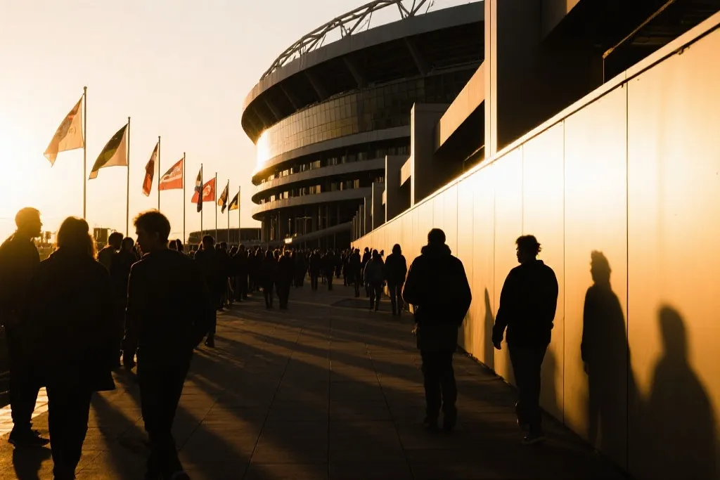 傍晚球场外环步道的人群剪影，金色日落光与建筑线条，旗帜作为前景，电影感纪实