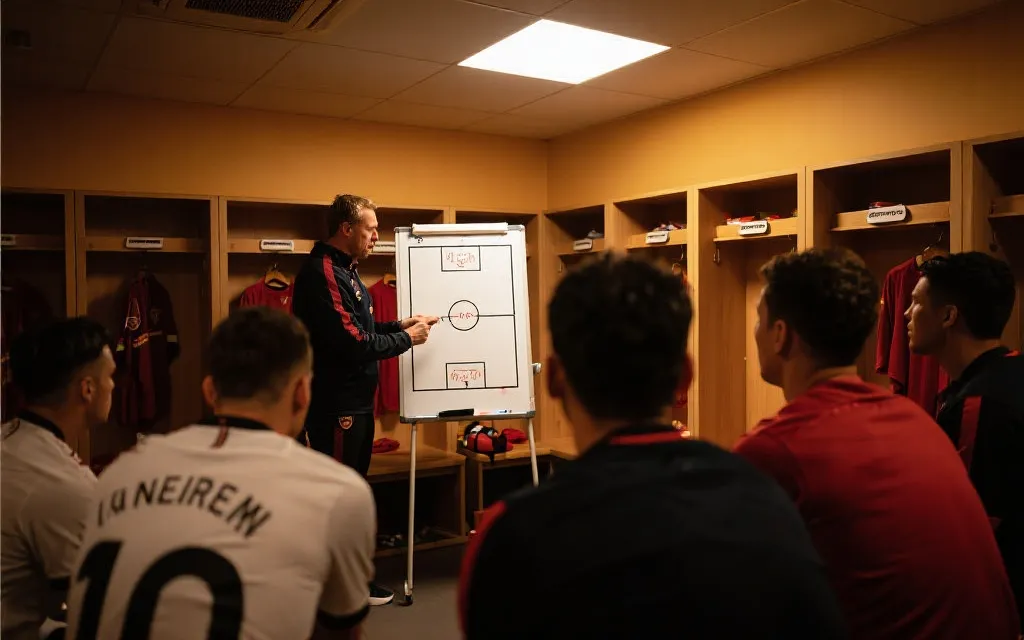 教练在战术板前与球员沟通，灯光下的更衣室氛围，纪实感