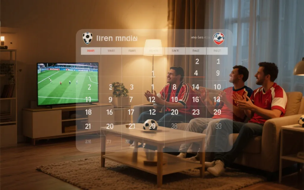 球迷在客厅看预选赛直播，日历与赛程表叠加的视觉